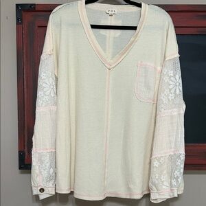 POL Cream V-Neck Long Sleeve Top with Pink Trim and Lace Sleeves
